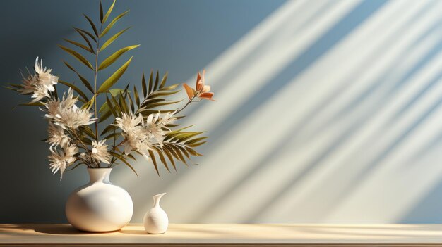 Abstract white wall background for product presentation Room with window shadow and flowers and palm leaves