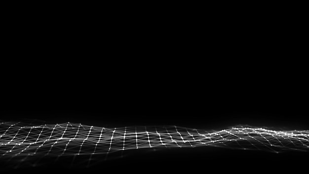 Abstract white wave with light on black background Science background with moving dots Network connection technology Digital structure with particles 3d rendering