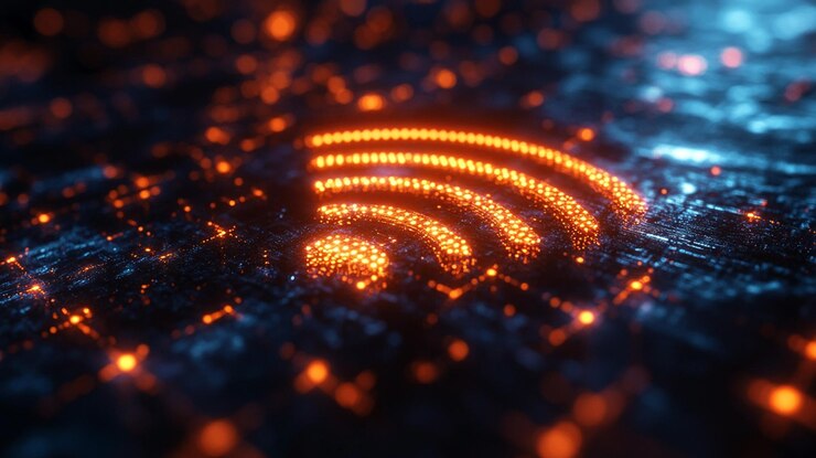 Photo 暗い背景に輝くオレンジ色の粒子の抽象的なwifiシンボル