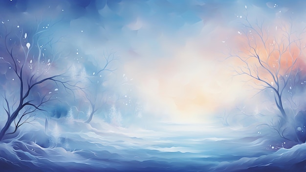 雪に覆われた畑の木と夕暮れの絵のような空の抽象的な冬の背景
