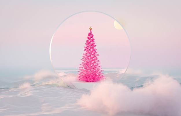 ピンクのクリスマスツリーと抽象的な冬の風景シーンの背景