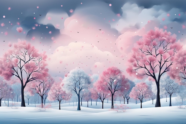Абстрактный зимний пейзаж с розовыми деревьями, покрытыми инеем