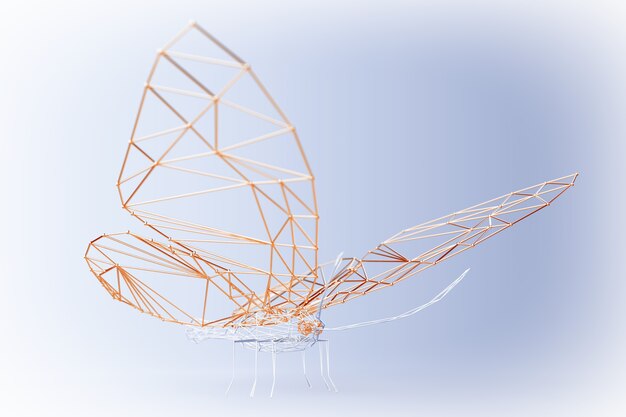 Abstract Wired Low Poly Butterfly on a blue background. 3d Rendering