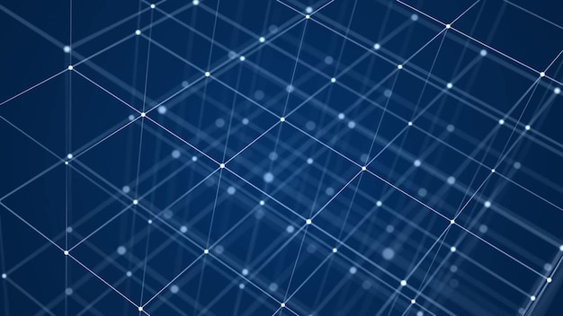 Abstract wireframe cube Digital blockchain concept Futuristic blue background with dots and lines 3D rendering