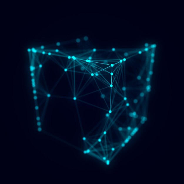 Foto abstract wireframe cubo con punti e linee di connessione concetto di blockchain digitale e sistema di trasferimento di dati celle di archiviazione di dati rendering 3d