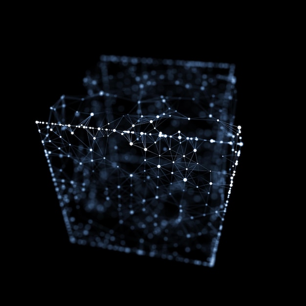 Foto cubo astratto di wireframe con punti e linee di connessione concetto di blockchain digitale e sistema di trasferimento dati cellule di archiviazione di dati rendering 3d