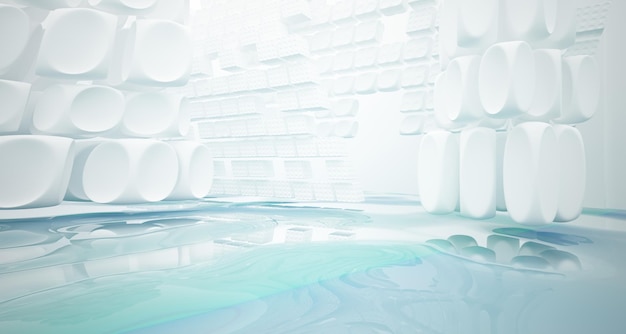 Abstract wit en blauw water parametrisch interieur met venster 3D illustratie en weergave
