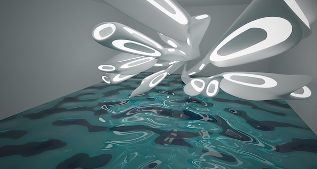 Abstract wit en blauw water parametrisch interieur met venster 3D illustratie en weergave