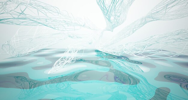 Abstract wit en blauw water parametrisch interieur met venster 3D illustratie en weergave