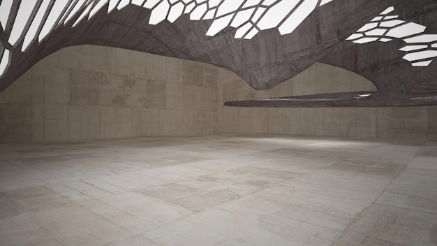 Abstract wit en bruin betonnen parametrisch interieur met venster 3D illustratie en weergave