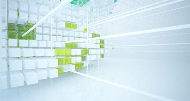 Abstract wit en gekleurd gradiënt glazen interieur van een reeks kubussen met venster 3D