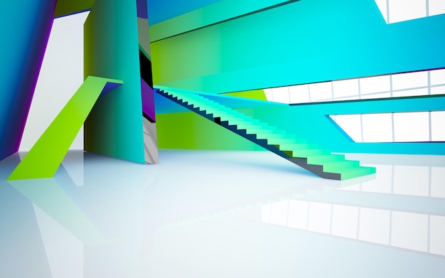 Abstract wit en gekleurd gradiënt glazen parametrisch interieur met venster 3D illustratie