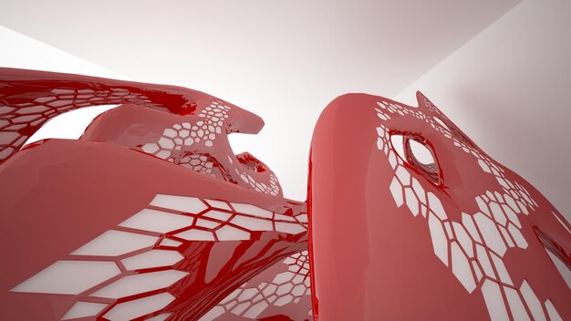 Abstract wit en rood parametrisch interieur met venster 3D illustratie en weergave