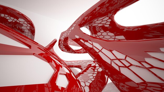 Abstract wit en rood parametrisch interieur met venster 3D illustratie en weergave