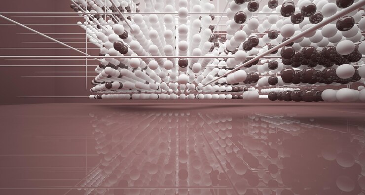 Foto abstract wit interieur van array gekleurde gradiënt glazen bollen met groot raam 3d illustrati