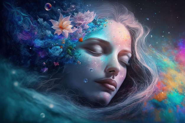 Abstract woman dream decorated by harmony and endless colors of stars in sky