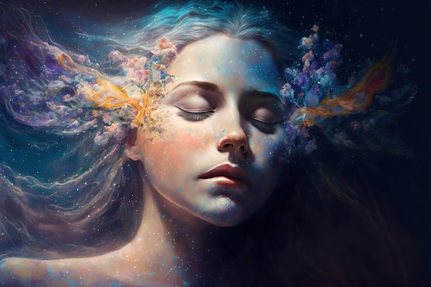 Abstract woman dream decorated by harmony and endless colors of stars in sky