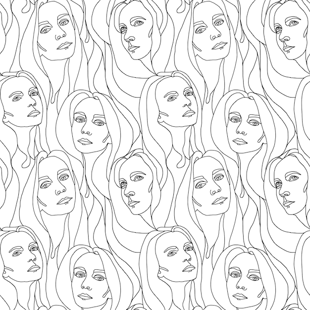 Abstract woman facesSeamless pattern White and black color graphics lines illustration