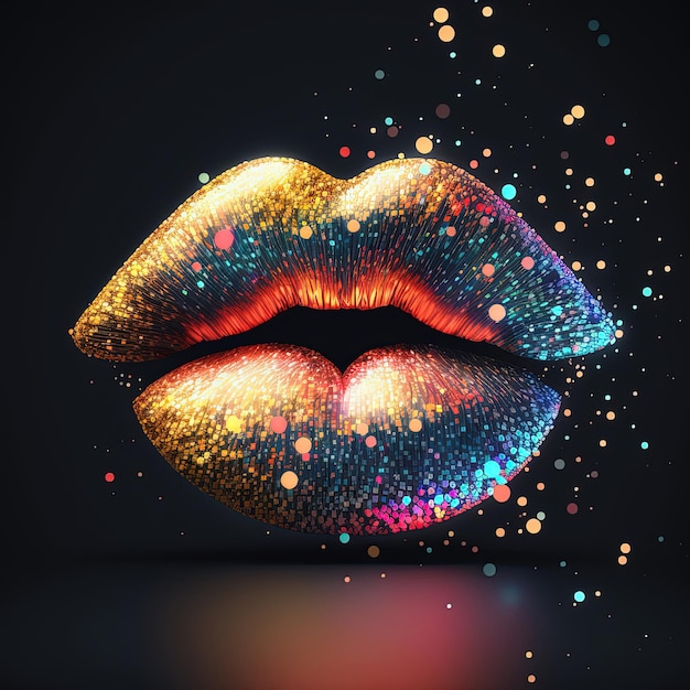 Abstract woman neon lips with glitter Kiss beauty concept AI
