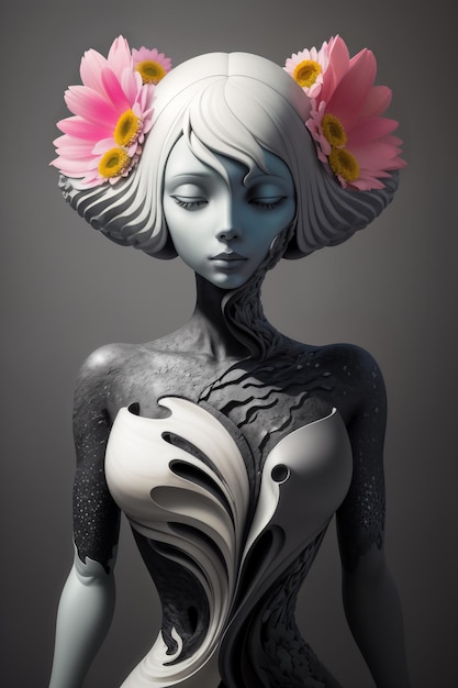 Abstract woman statue with flowers in her hair