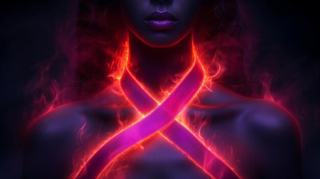 Abstract woman with neon glowing ribbons and smoke art