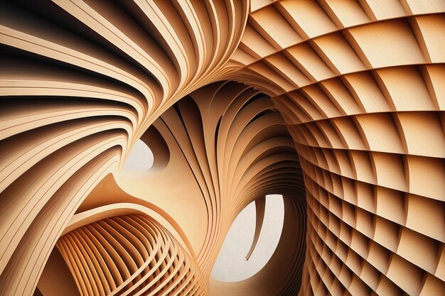 Abstract of wooden pattern twisted shape architecture facade details Generation AI