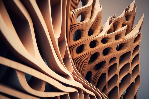 Abstract of wooden pattern twisted shape architecture facade details Generation AI