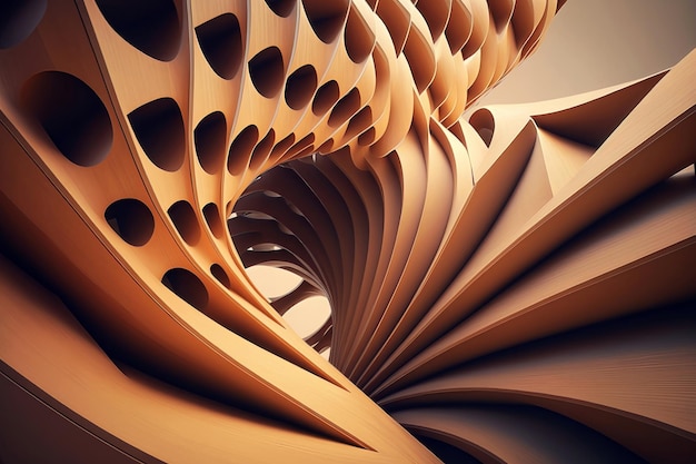 Abstract of wooden pattern twisted shape architecture facade details Generation AI