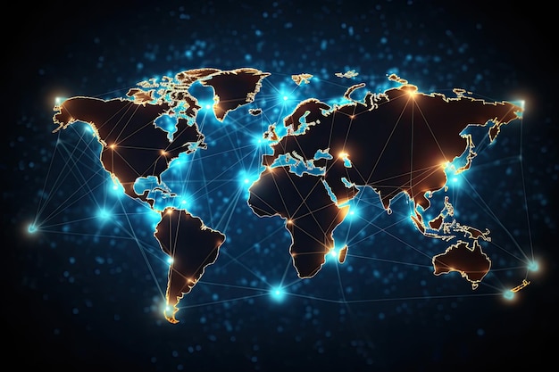 青い背景に抽象的な世界地図 グローバル ネットワーク接続の概念 ベクトル図 世界地図上のグローバル ネットワーク接続 ホログラム 黒の背景 AI 生成