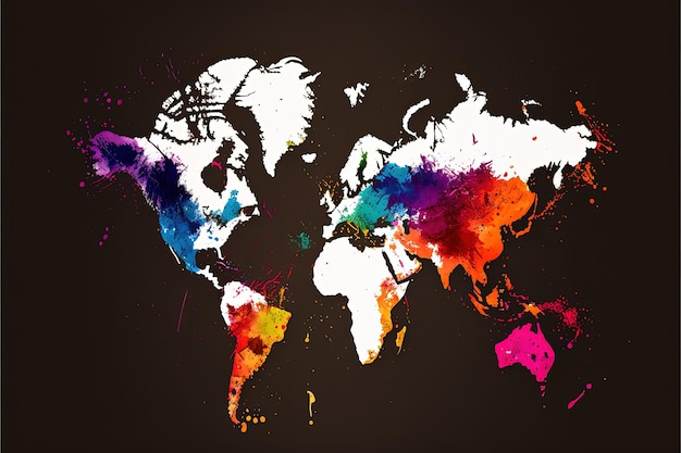 Abstract world map in colorful paint with paint dripps and splashes Generative Ai