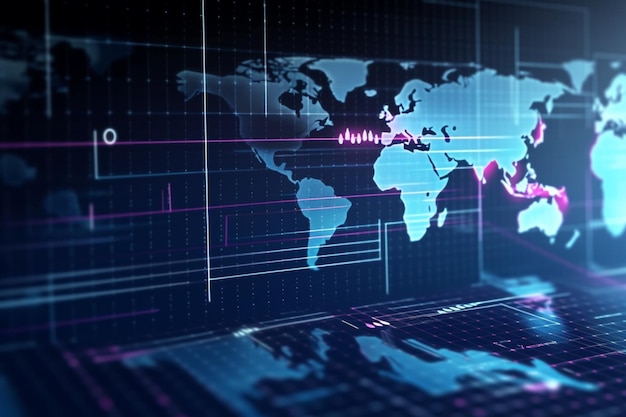 Abstract world map and financial graphs on a digital display