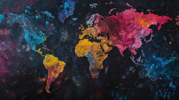 Abstract world map painting vibrant splash of colors on dark background