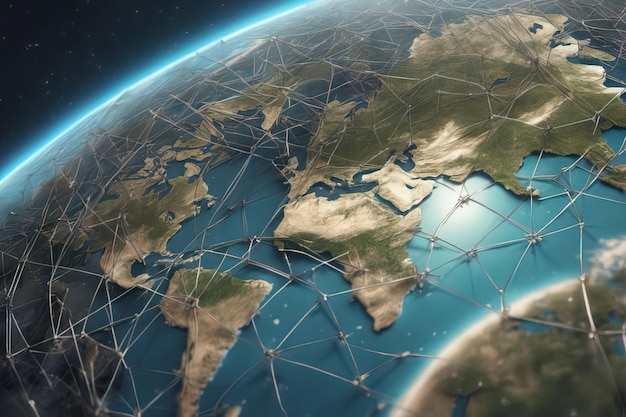 接続線のドットとライトの 3 d レンダリングを備えた抽象的な世界地図