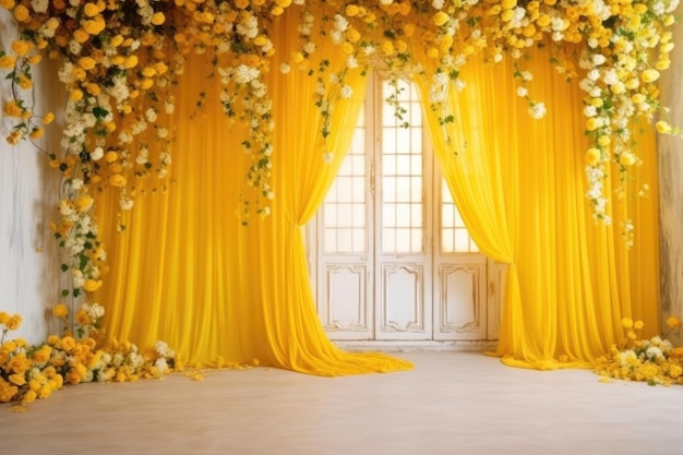 Abstract yellow 3d studio background room with flowers columns curtains ai generated