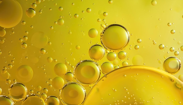 Abstract yellow background with water bubbles from oil and fat solvent