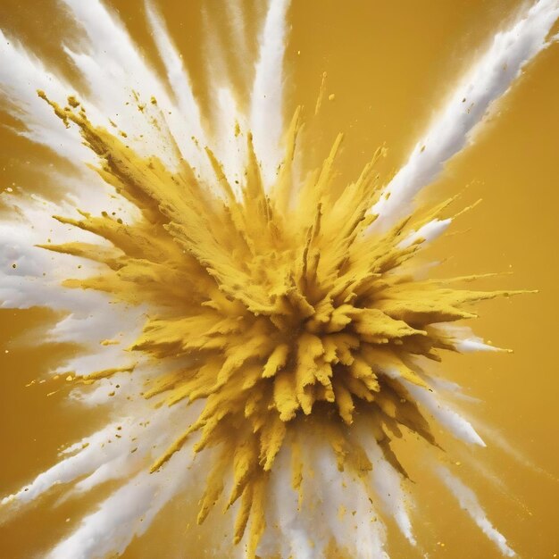 Abstract yellow powder explosion white on background yellow dust particle splashing