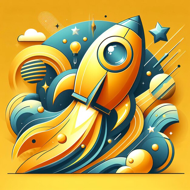 Abstract yellow rocket ship concept in cartoon style