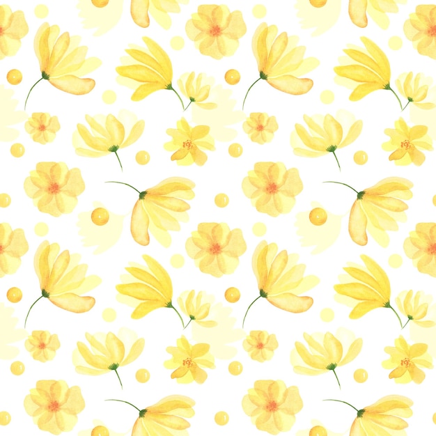 Abstract yellow transparent flowers green leaves watercolor beautiful seamless patterns illustration