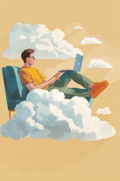 abstract young man sitting in comfy chair with laptop in clouds freelancer remote work