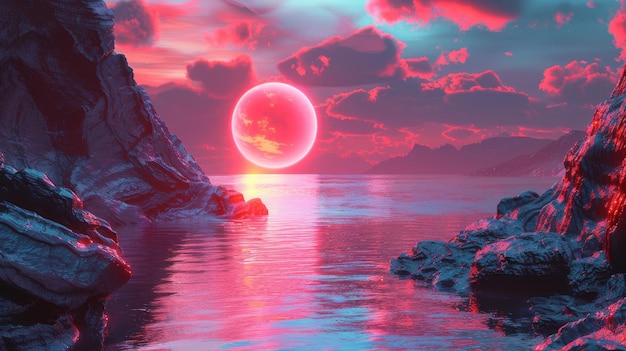 An abstract zen wallpaper illuminated by the red sunset light on a 3D render of a fantasy landscape panorama with mountains and water