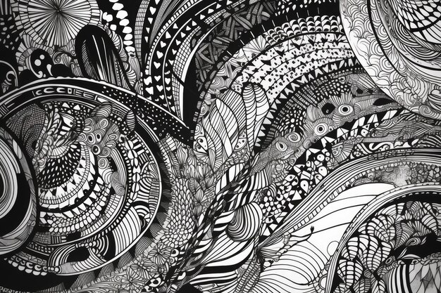 Abstract zentangle design featuring intricate patterns and shapes in black and white