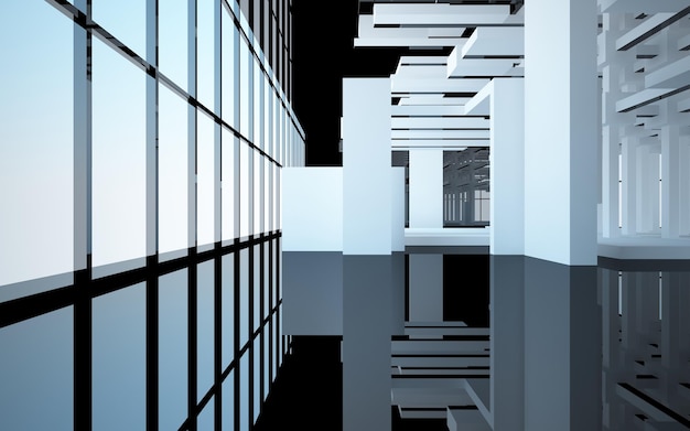 Abstract zwart interieur van array witte en groene kubussen met venster 3D illustratie en renderin