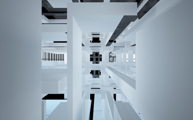 Abstract zwart interieur van array witte en groene kubussen met venster 3D illustratie en renderin