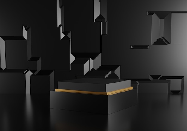 abstract zwart podium met gouden decoratie op zwarte achtergrond.