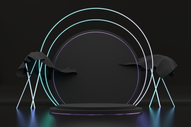 Abstract zwart podiumplatform met neonlicht, sjabloon voor reclameproduct, 3D-rendering.