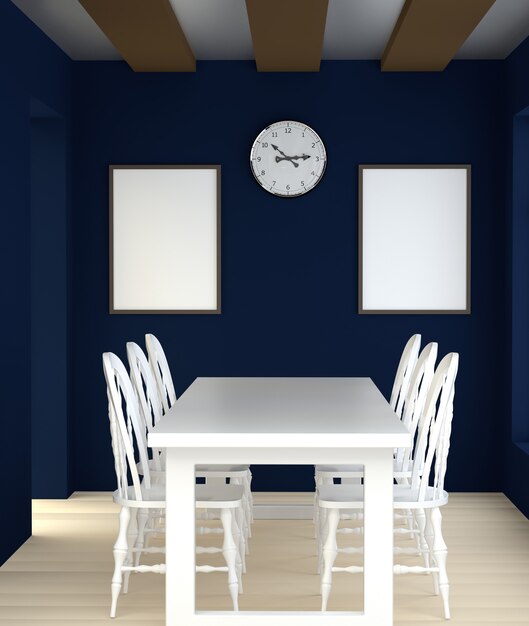 Abstracte 3D binnenlandse blauwe eetkamer met witte lijst en stoelen.