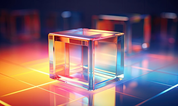 Abstracte 3D-compositie van zwevende doorschijnende kubussen tegen een wazige achtergrond met kleurovergang Transparante geometrische vormen behang AI Generatief
