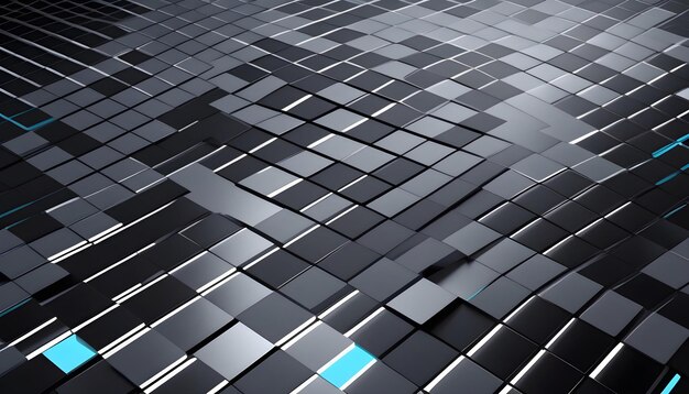 Foto abstracte 3d digitale achtergrond met een patroon van gloeiende blauwe vierkanten op een raster van zwarte kubussen