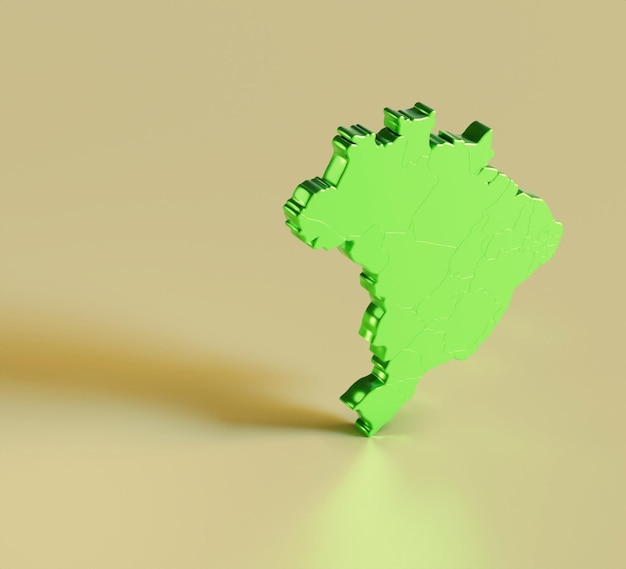 abstracte 3D-illustratie van de kaart van Brazilië in heldergroen op een lichte oker achtergrond met schaduw en blauw