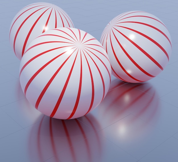 abstracte 3d illustratie van drie rood gestreepte witte bollen op reflecterend blauw oppervlak